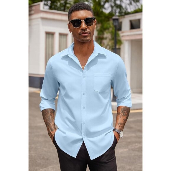 Men's  Blue Casual Long Sleeve Button Down Dress Shirt  Muscle Fit Wrinkle - Picture 3 of 6